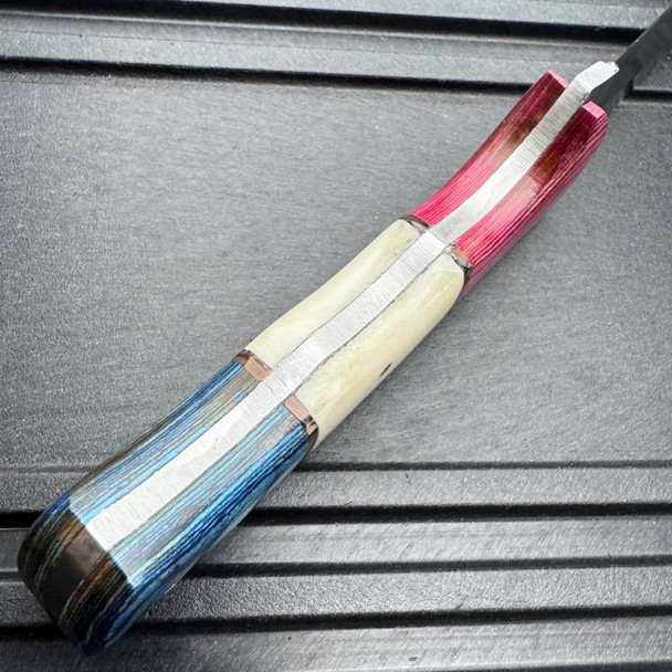 Fixed Satin Finish Stainless Blade Knife with Red Wood, White Bone and Blue Wood Handle