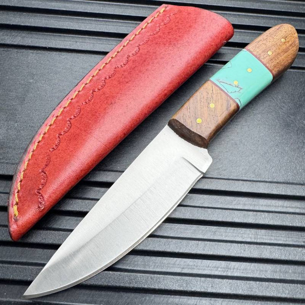 Hunter Satin Fixed Blade Knife Wood/Turquoise Handles