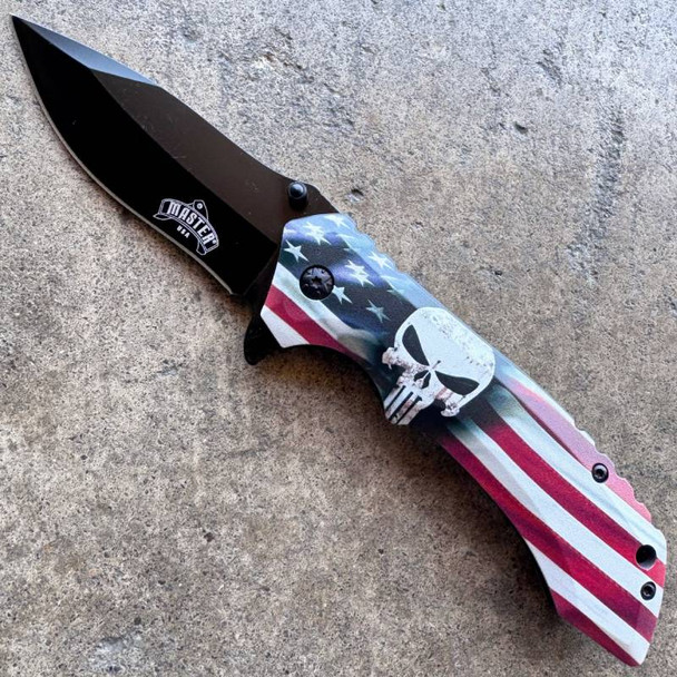 8.25 American USA FLAG Spring Assisted Folding Open POCKET KNIFE Skull