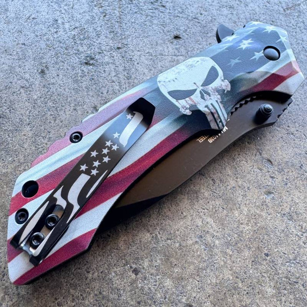 8.25 American USA FLAG Spring Assisted Folding Open POCKET KNIFE Skull