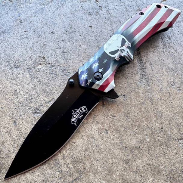 8.25 American USA FLAG Spring Assisted Folding Open POCKET KNIFE Skull