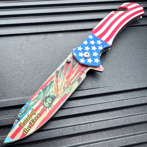 Land Of The Free Statue Of Liberty USA American Flag Patriotic Pocket Knife