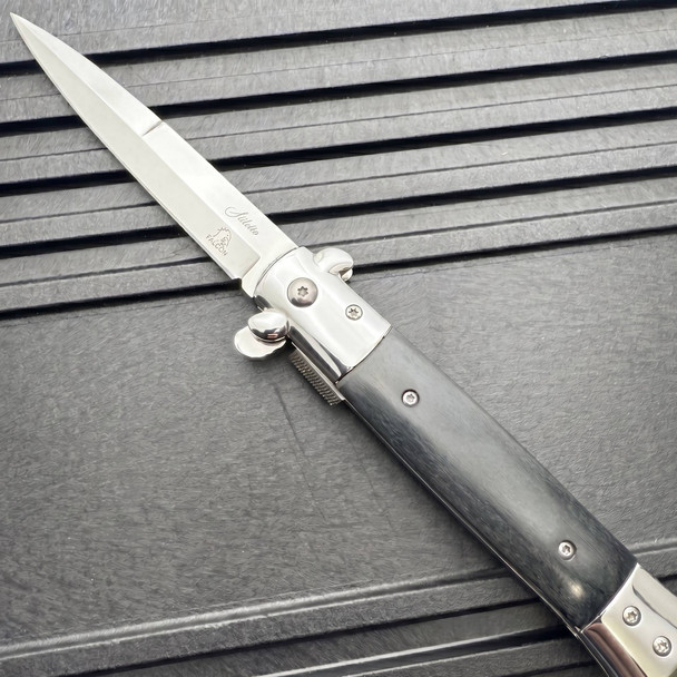 9" Black Premium Italian Milano Stiletto Tactical Spring Assisted Pocket Knife