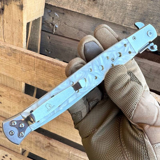 12" Falcon Big Boy Stiletto Spring Assisted Folding Pocket Knife - White Pearl Handle