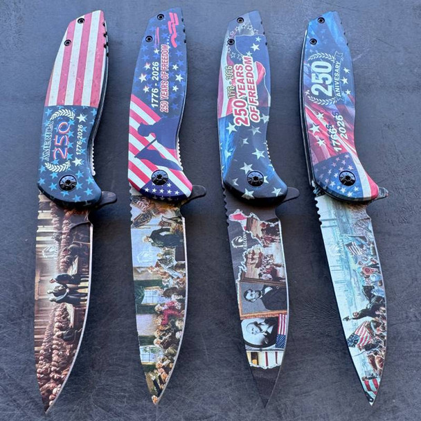 USA 250th Anniversary Folding Pocket Knife - American Flag - Presidents Cool Gift