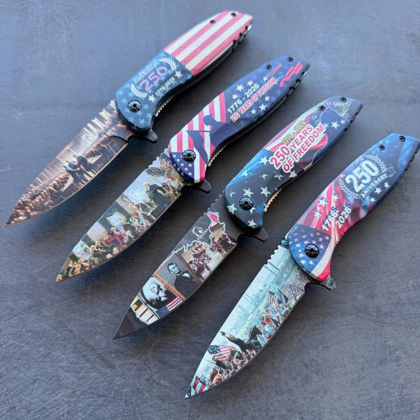 USA 250th Anniversary Folding Pocket Knife - American Flag - Presidents Cool Gift