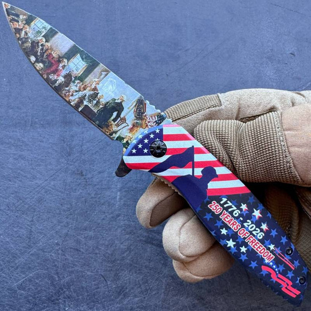 USA 250th Anniversary Folding Pocket Knife - American Flag - Presidents Cool Gift