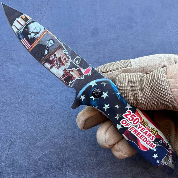USA 250th Anniversary Folding Pocket Knife - American Flag - Presidents Cool Gift