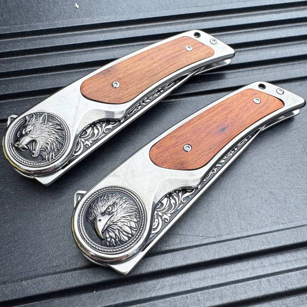 Sigma Ball Bearing Assisted Pocket Knife w Wood Inlay (Eagle/Wolf)