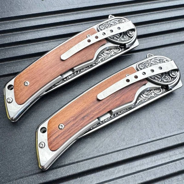 Sigma Ball Bearing Assisted Pocket Knife w Wood Inlay (Eagle/Wolf)
