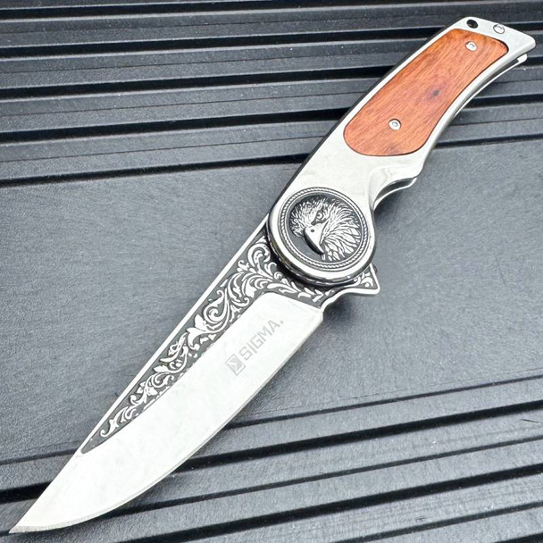 Sigma Ball Bearing Assisted Pocket Knife w Wood Inlay (Eagle/Wolf)
