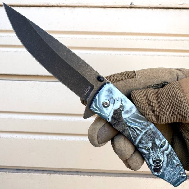 8.5" Dark Moon Wolf Spring Assisted Folding Pocket Knife