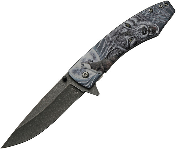 8.5" Dark Moon Wolf Spring Assisted Folding Pocket Knife