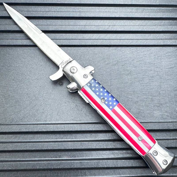 USA Flag Stiletto Style Spring Assisted Folding Pocket Knife