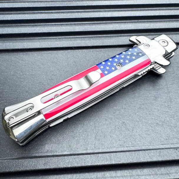 USA Flag Stiletto Style Spring Assisted Folding Pocket Knife