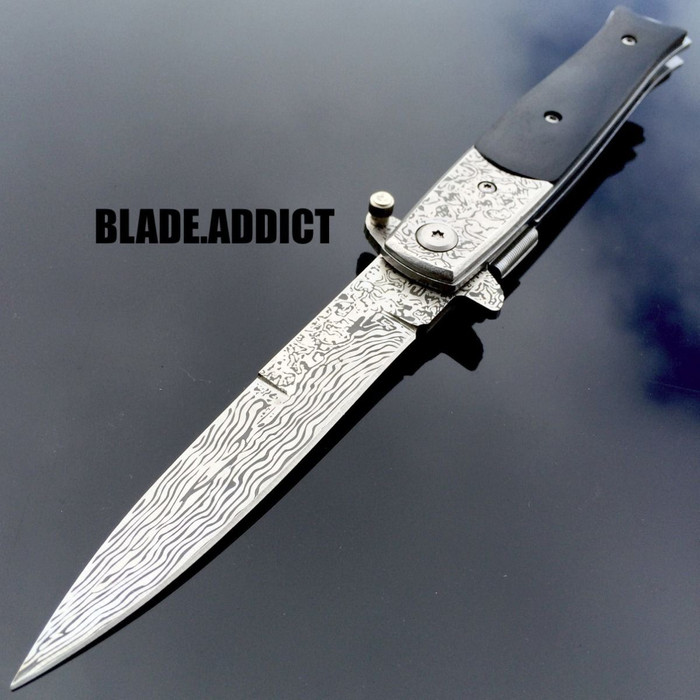 8.5" Damascus Italian Stiletto Black SWIRL Spring Assisted Open Pocket Knife  - MEGAKNIFE