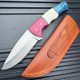 Fixed Satin Finish Stainless Blade Knife with Red Wood, White Bone and Blue Wood Handle