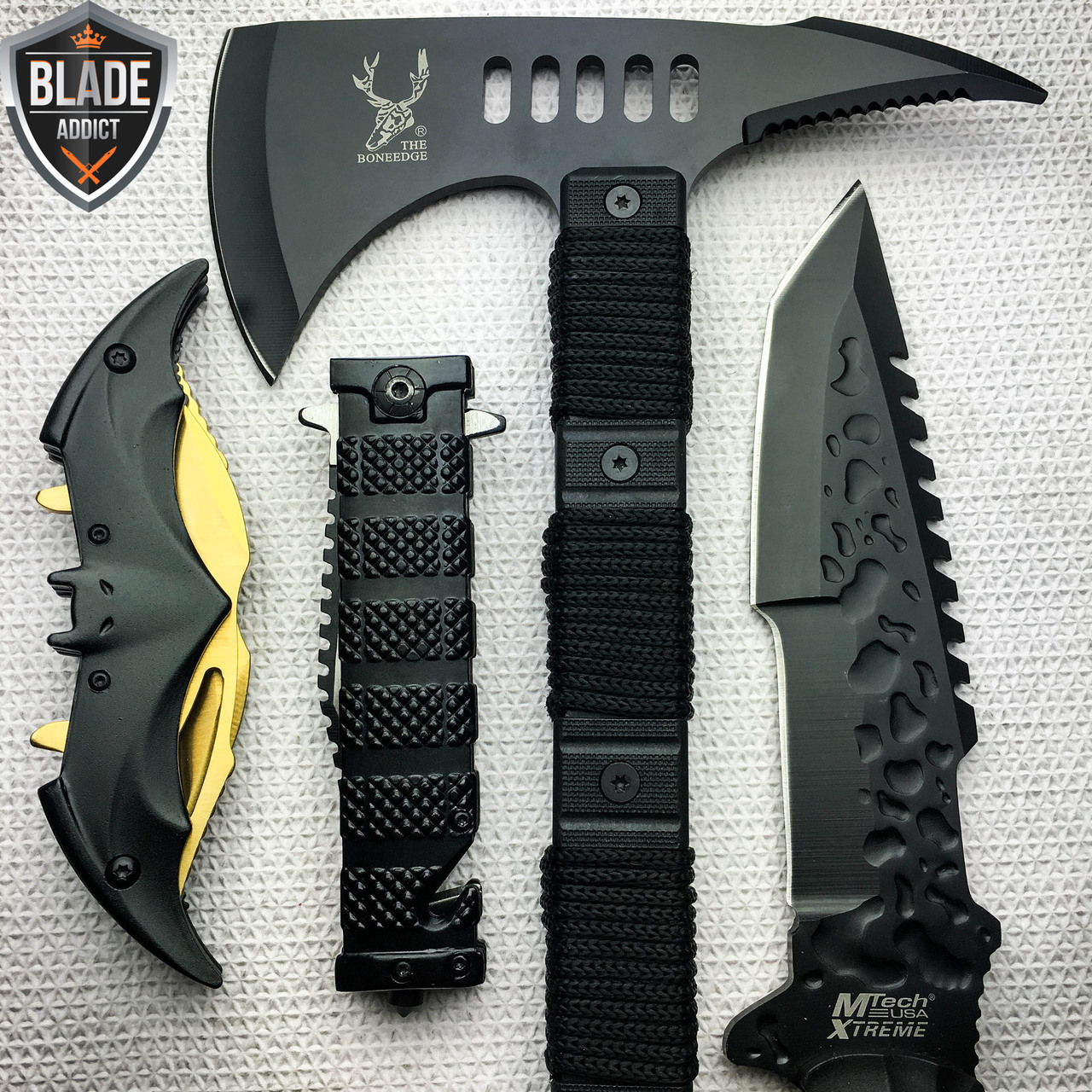 4PC Black Tactical Survival Hunting Combat Camping Pocket Knife Set Axe Pen  EDC