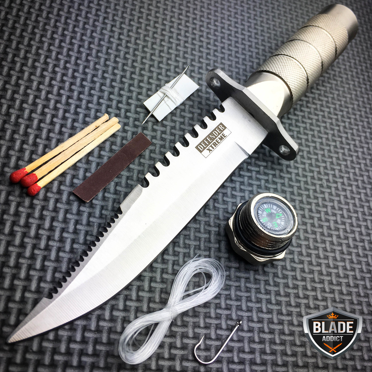 12 Tactical Camping Hunting Rambo Fixed Blade Knife Chrome Bowie +  Survival KIT - MEGAKNIFE