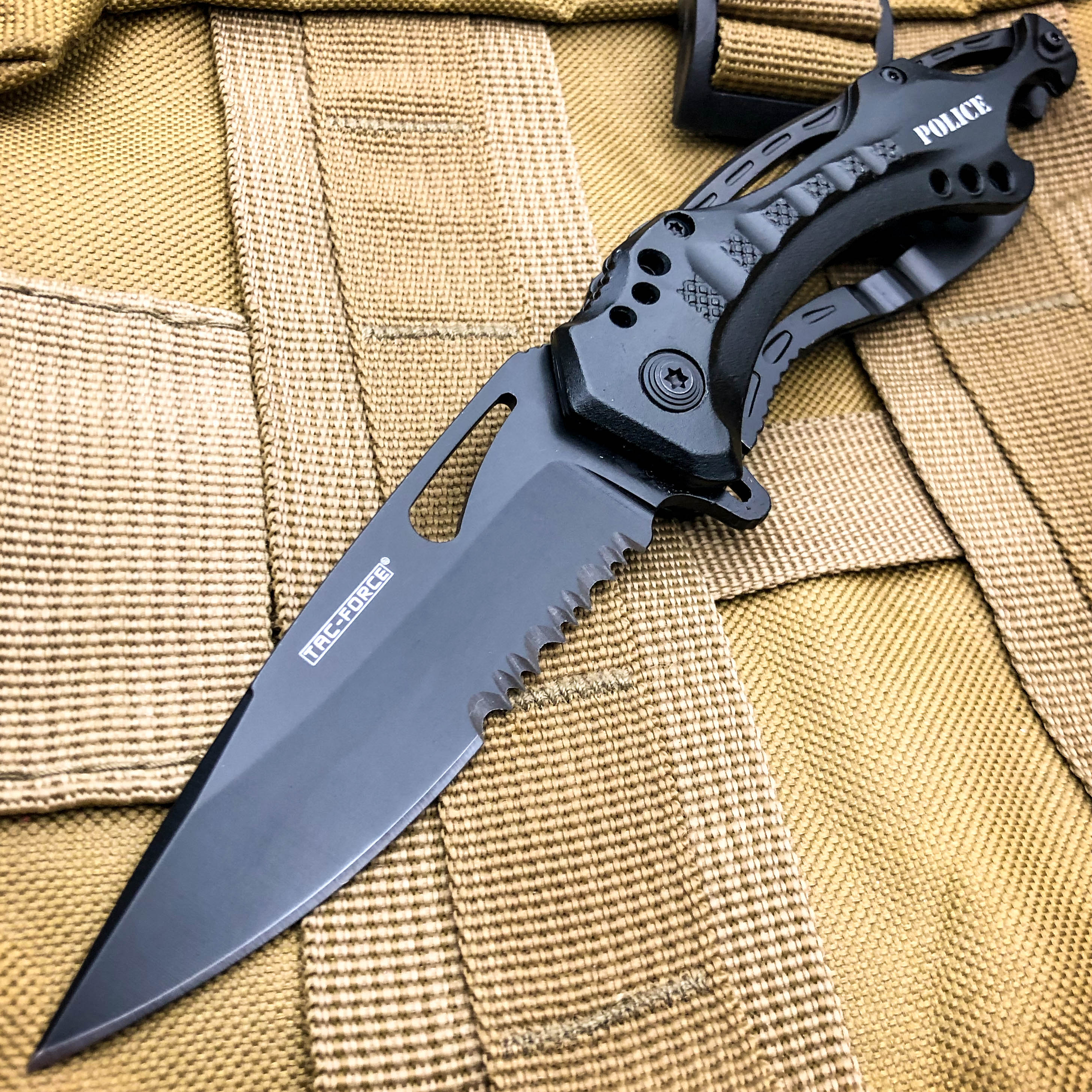 SPRING-ASSIST FOLDING POCKET KNIFETac-Force Black Engrave Tactical Blade EDC 