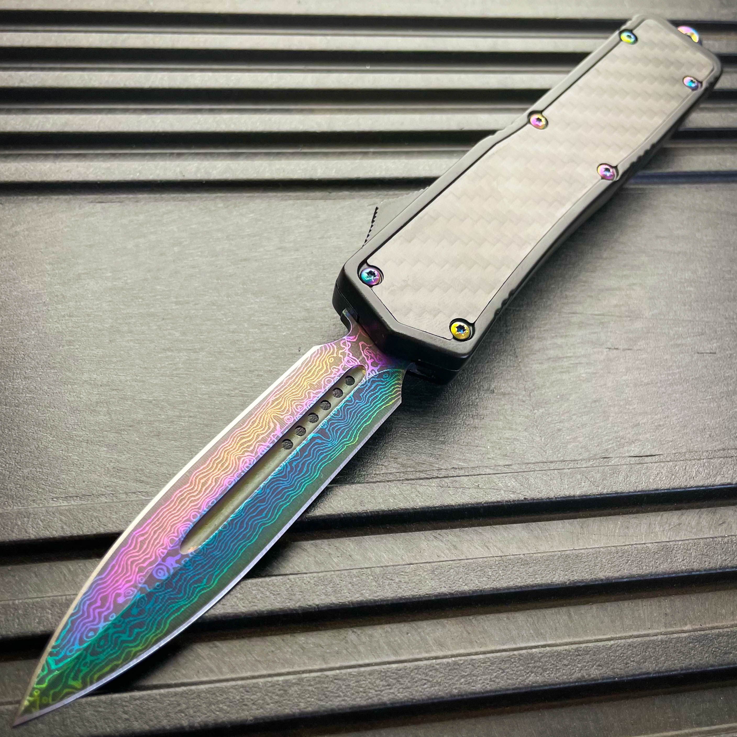 9 Damascus Rainbow STEEL Ghost OTF Tactical Pocket Knife - MEGAKNIFE