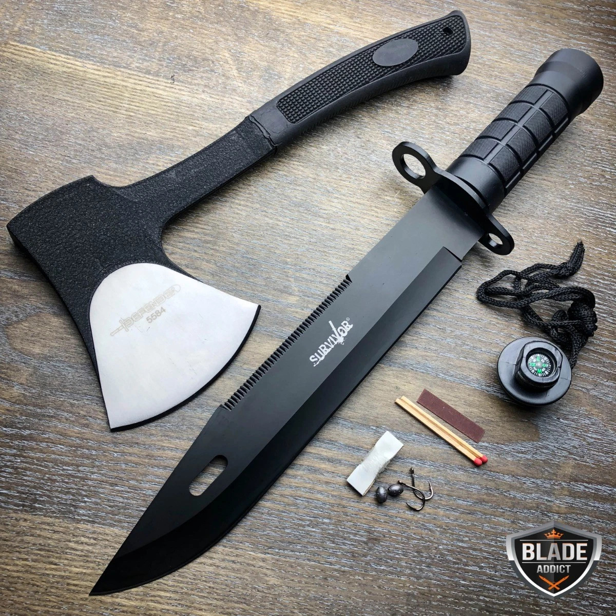 2 PC Tactical Hunting Rambo Fixed Blade Knife Machete Bowie AXE w