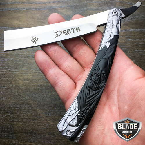 Grim Reaper Straight Blade Barber Razor Folding Pocket Knife Shaving