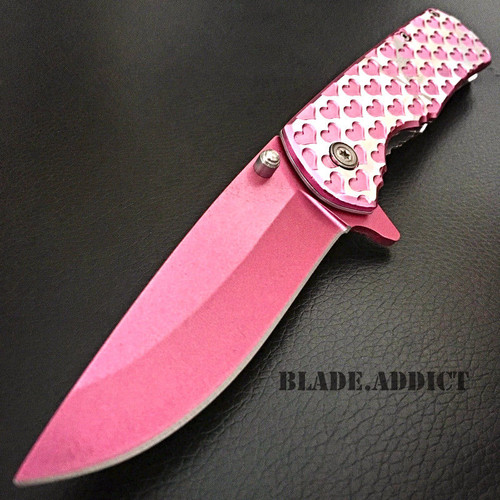 8 Ladies Pink Hearts Tactical Combat Spring Assisted Open Pocket Knife Women Megaknife