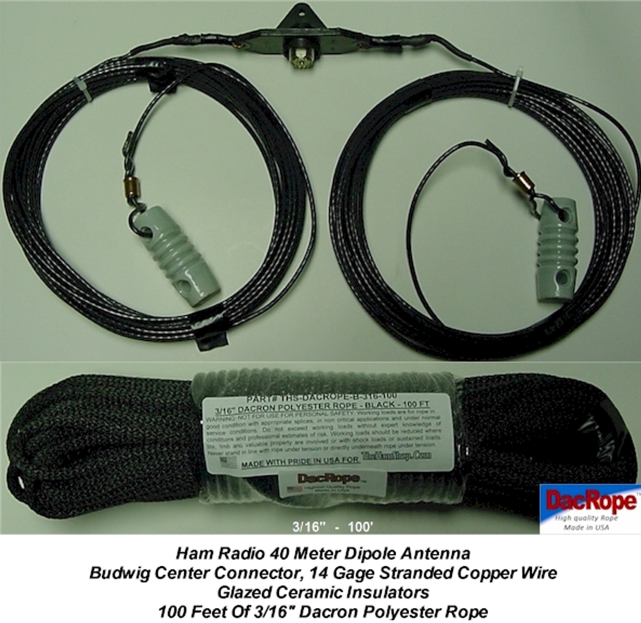 40 METER BAND DIPOLE/INVERTED V WIRE ANTENNA WITH 100 SUPPORT ROPE