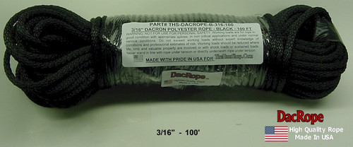 Antenna Support Rope, 3/16" 100', Black, Round, 100% Dacron Polyester Rope