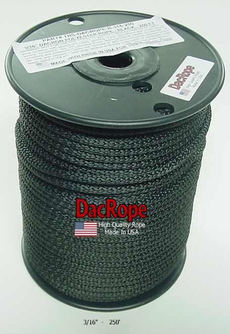 Antenna Support Rope, 3/16" 250', Black, Round, 100% Dacron Polyester Rope