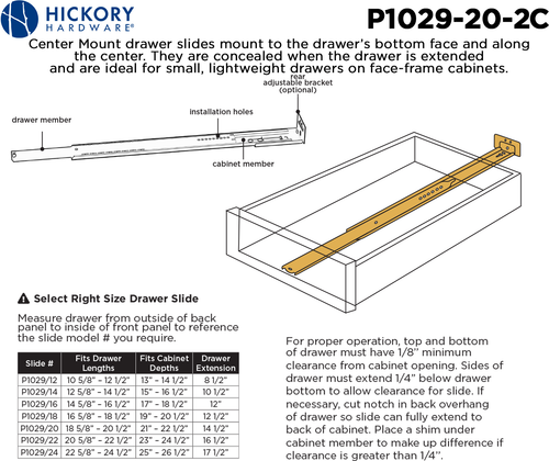 Drawer Slide Center Mount 3/4 Extension 20'' Cadmium Finish P1029/20-2C
