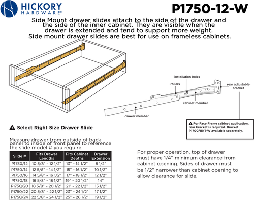 Drawer Slides Drawer Slide Side Mount 3/4 Extension 12'' White Finish P1750/12-W