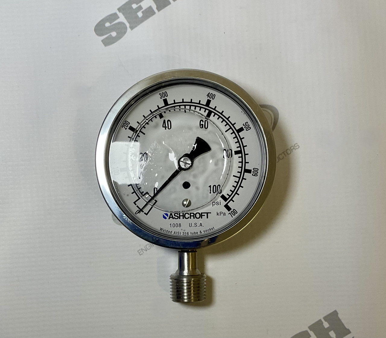 Pressure Gauge, stainless steel case, 4" face, dual scale: 0-100 psi/0-700 kPa