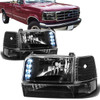 92-96 Ford F150 F250 F350 Bronco LED DRL Headlights Bumper Lamp - Black Housing Clear Corner