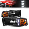 94-02 Dodge Ram 1500 2500 3500 LED DRL Headlights - Black Housing Amber Corner - 1PC Design