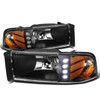 94-02 Dodge Ram 1500 2500 3500 LED DRL Headlights - Black Housing Amber Corner - 1PC Design