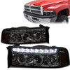 94-02 Dodge RAM 1500 2500 3500 LED DRL+Halo Ring Projector Headlights - Smoked