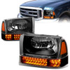 99-04 Ford F250 F350 Super Duty Excursion Headlights+Bumper Turn Signal Lamp - Black