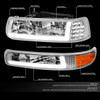 99-02 Chevy Silverado 00-06 Suburban LED DRL Headlights+Bumper Lamp - Chrome Housing Amber Corner