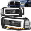 02-05 Dodge Ram LED DRL+Sequential Turn Signal Projector Headlights - Black Housing Clear Corner