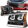03-06 Chevy Silverado Avalanche Double J-Shaped LED DRL Headlights+ Bumper Lamps (Black Amber)
