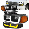 01-06 GMC Yukon Sierra 1500 Denali Switchback LED DRL+Signal Headlights - Black Housing Amber Corner