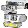 01-06 GMC Yukon Sierra 1500 Denali Switchback LED DRL+Signal Headlights - Chrome Housing Clear Corner