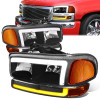 99-06 GMC Sierra 1500 2500 3500 Yukon Switchback LED DRL+Turn Signal Headlight - Black Housing Amber Corner