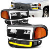 01-06 GMC Sierra 1500 Yukon Denali Switchback LED DRL+Signal Headlight - Black Housing Amber Corner