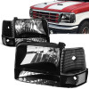 92-96 Ford F150 F250 F350 Bronco Headlights+Bumper Lamp - Black Housing Clear Corner