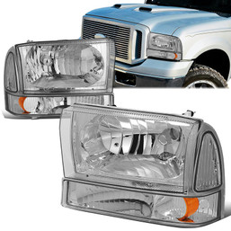 99-04 Ford F250 F350 F450 F550 Super Duty Headlights+Bumper Lamp - Chrome Housing Amber Corner