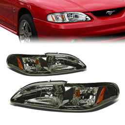 94-98 Ford Mustang GT Smoked Housing Amber Corner Headlights - 1PC Design