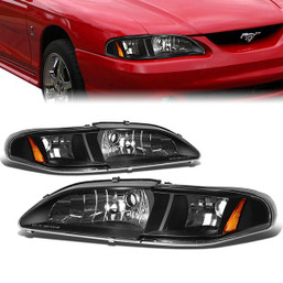 94-98 Ford Mustang GT Black Housing Amber Corner Headlights - 1PC Design